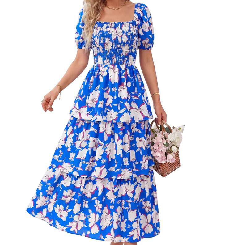 🔥Dernier jour de soldes : 50 % de réduction🔥Robe longue en mousseline à volants et imprimé floral pour femme - Manches courtes et encolure carrée