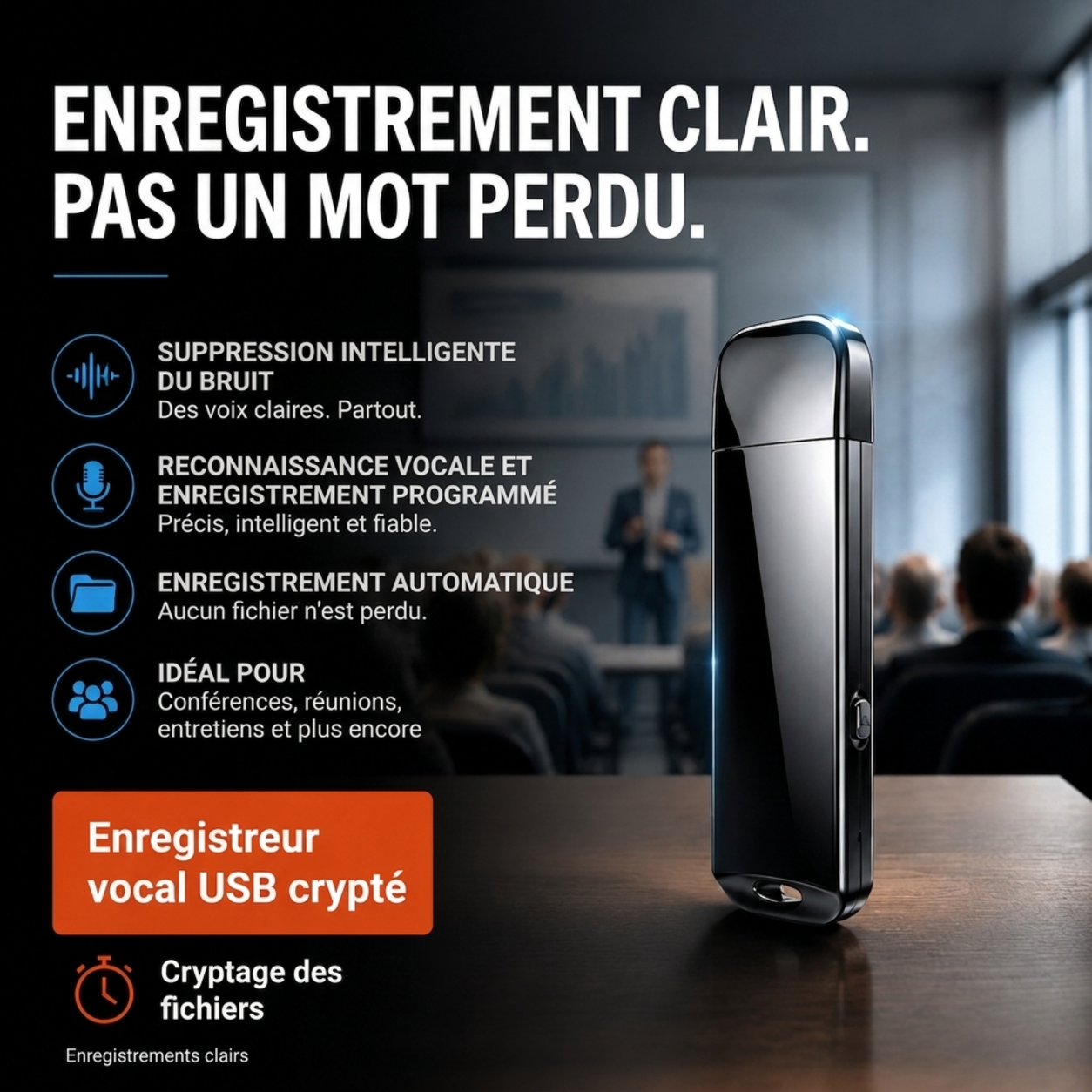 🚗50 % de réduction🔒 Enregistreur vocal USB crypté | Cryptage des fichiers · Réduction du bruit pour des enregistrements clairs · Enregistrement en une seule touche · Enregistrement à commande vocale