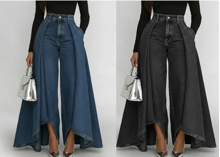 đ Jean femme taille haute Ă jambes larges et ourlet asymĂ©trique â look moderne, flatteur et facile Ă assortir