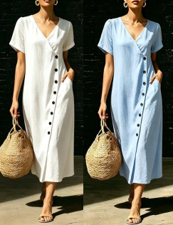 👗 Robe midi croisée en coton-lin, col V et boutons asymétriques – Style décontracté chic avec poches pratiques ✨