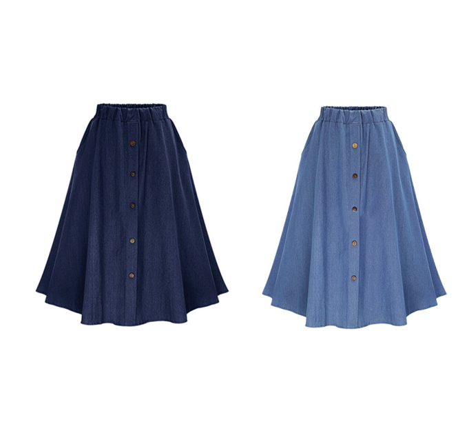 đ Jupe midi en denim stretch taille haute pour femme, avec poches et plis fluides