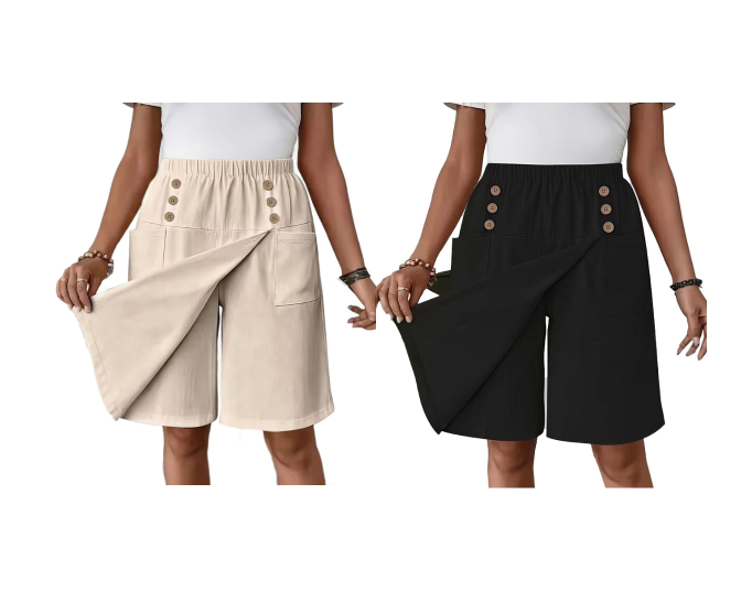 🩳 50% DE RÉDUCTION 🌸 Short asymétrique croisé pour femme, arrivant aux genoux – Tissu fluide, coupe originale & poches pratiques ✨☀️