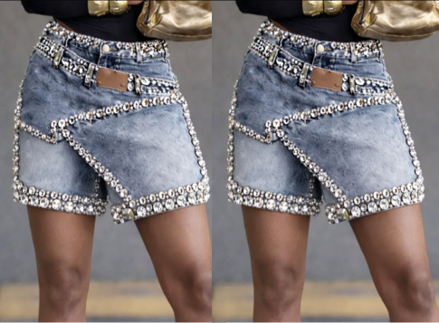 🔥-60%👖 Jupe-short en Jean Femme à Strass – Taille Haute Design Asymétrique