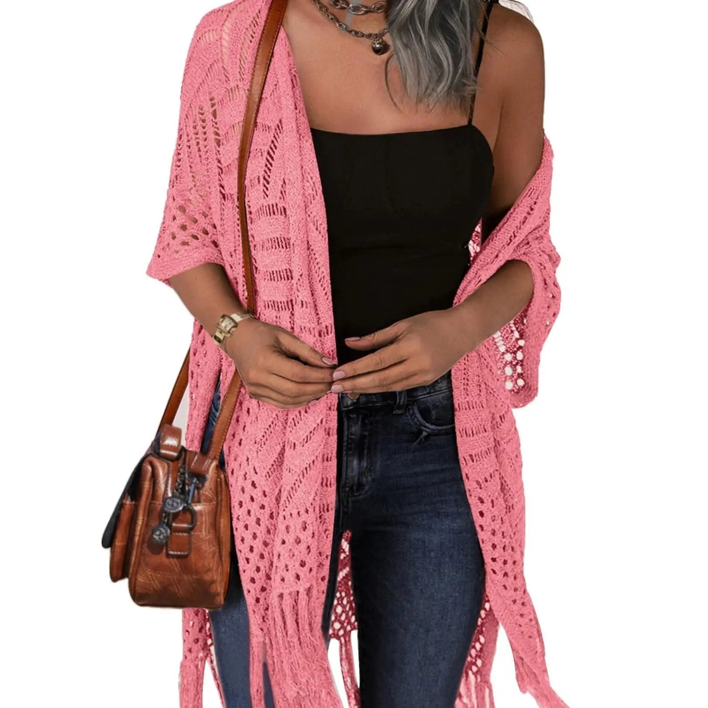 đ„ đGilet oversize en maille pour femme â Kimono lĂ©ger Ă pompons en crochet pour le printemps et l'Ă©tĂ© đž