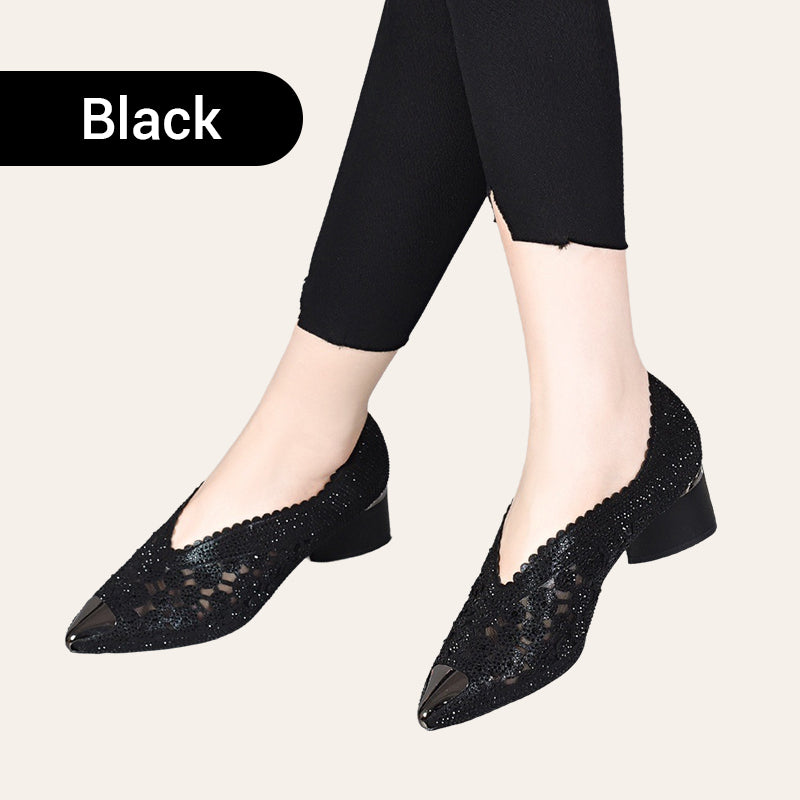 🏆Limited Time Offe🏆Hollow Mesh Sandals with Rhinestone and Chunky Heel