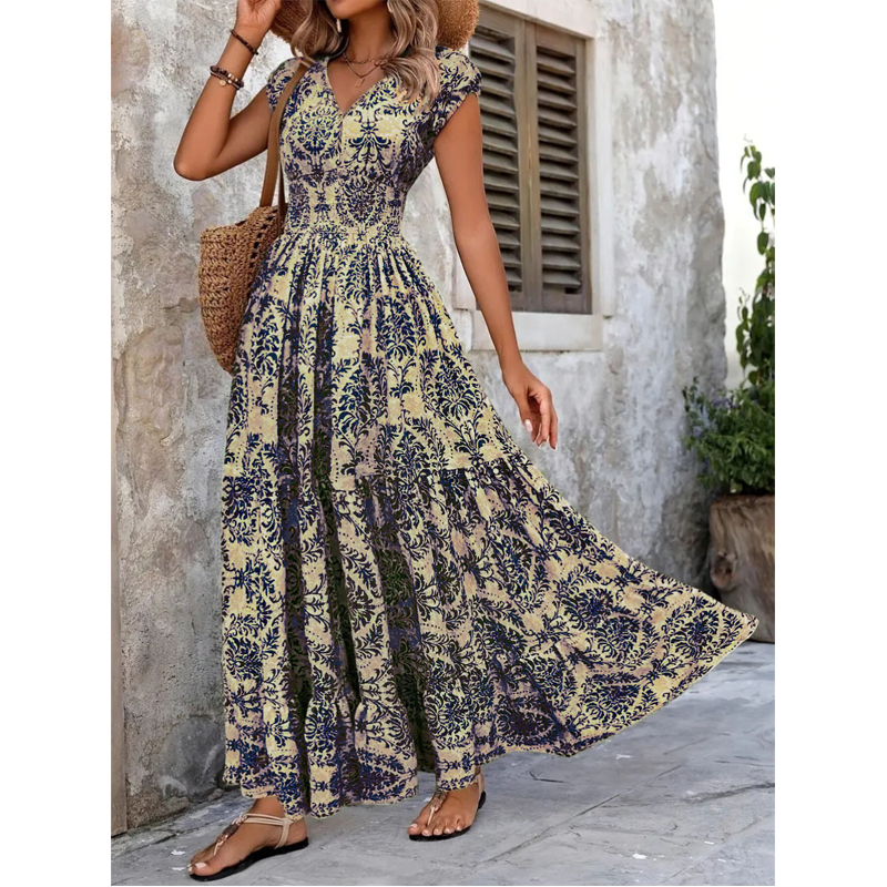 đ PROMO FLASH : -50% ! đ„ Robe Longue Femme â Col en V, ImprimĂ© Floral & Taille FroncĂ©e, Tissu LĂ©ger et Respirant đ