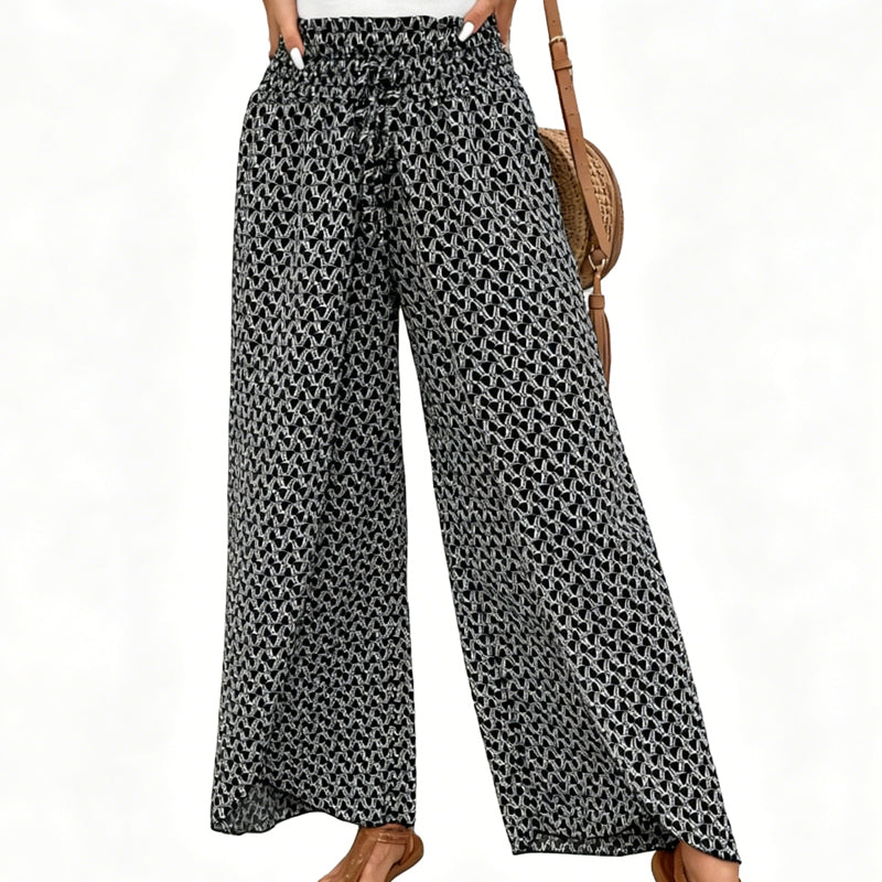 Pantalon large à taille smockée et fente pour femme