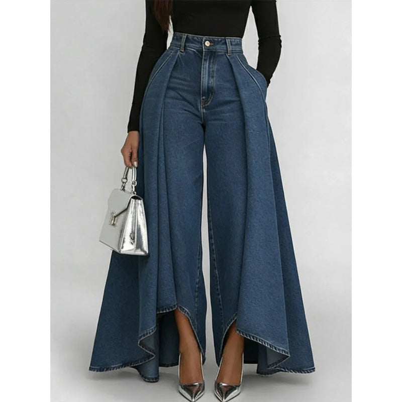 đ Jean femme taille haute Ă jambes larges et ourlet asymĂ©trique â look moderne, flatteur et facile Ă assortir