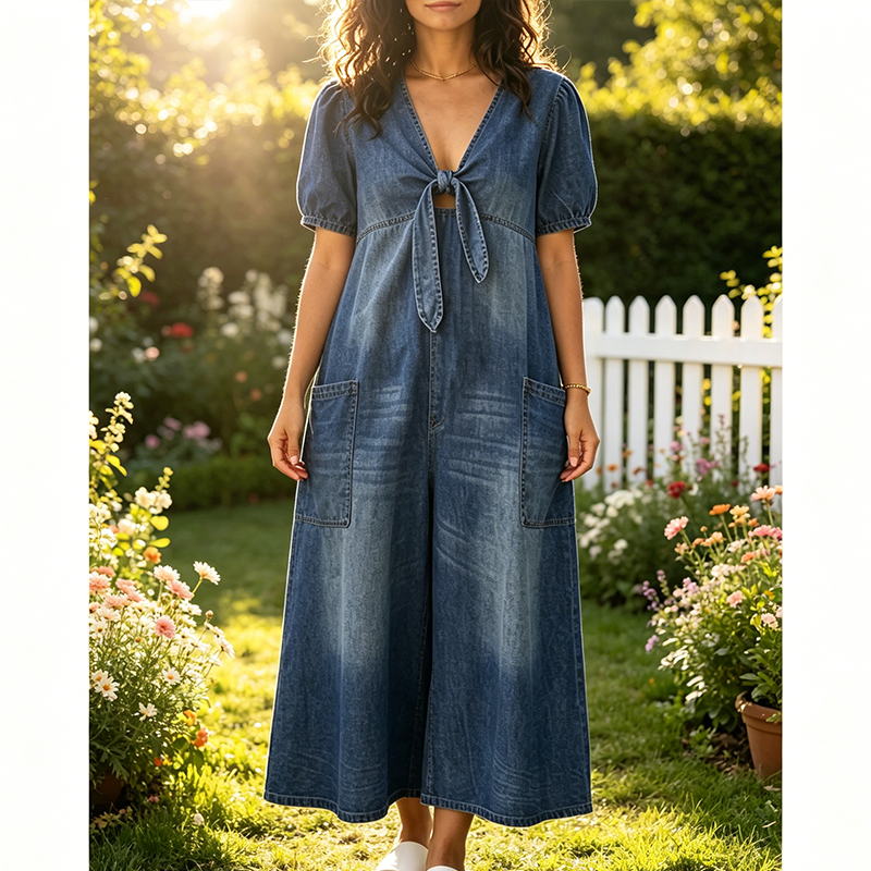 Combinaison ample à col en V et jambes larges pour femme