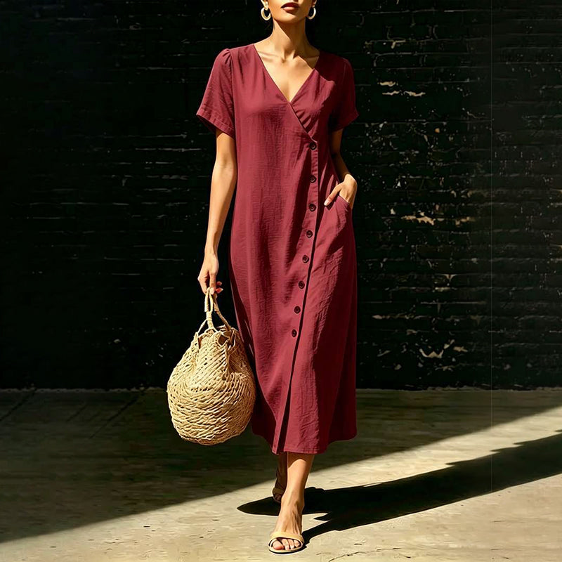 Robe midi boutonnée en tissu mélangé pour femme