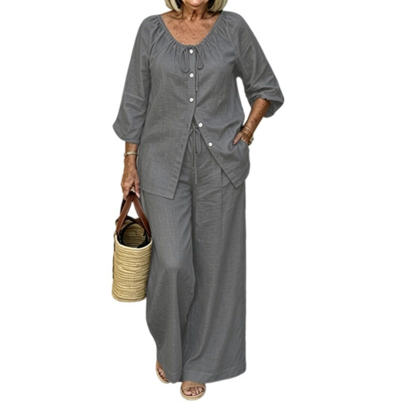 đâš Conjunto feminino 2 peças com blusa de botĂ”es e calça pantalona â elegante e confortĂĄvel