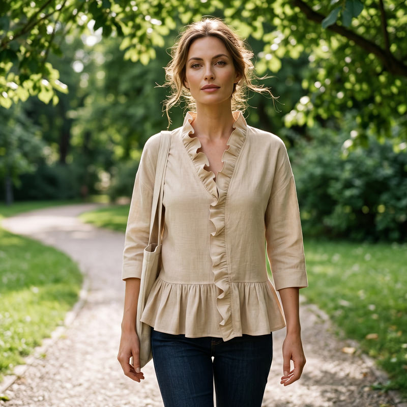 đâš Haut Ă©lĂ©gant pour femme, ornĂ© de volants et d'un col en V â fĂ©minin, lĂ©ger et polyvalent â parfait pour le quotidien, le bureau et les occasions spĂ©ciales.