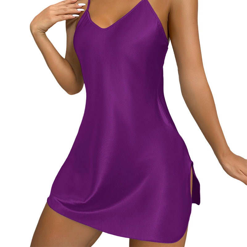 đ Chemise de Nuit Femme en Satin Unie â Bretelles Fines, Col en V et Fentes LatĂ©ralesđ Robe de sommeil coupe loose sans serrement, plusieurs couleurs unies