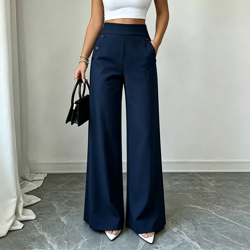 đ€ Pantalon Femme TailleâHaute JambesâLarges, ModĂšle ĂlĂ©gant Avec Boutons DĂ©coratifs LatĂ©raux et PochesâšTissu Fluide Confortable AdaptĂ© Ă Toutes Silhouettes