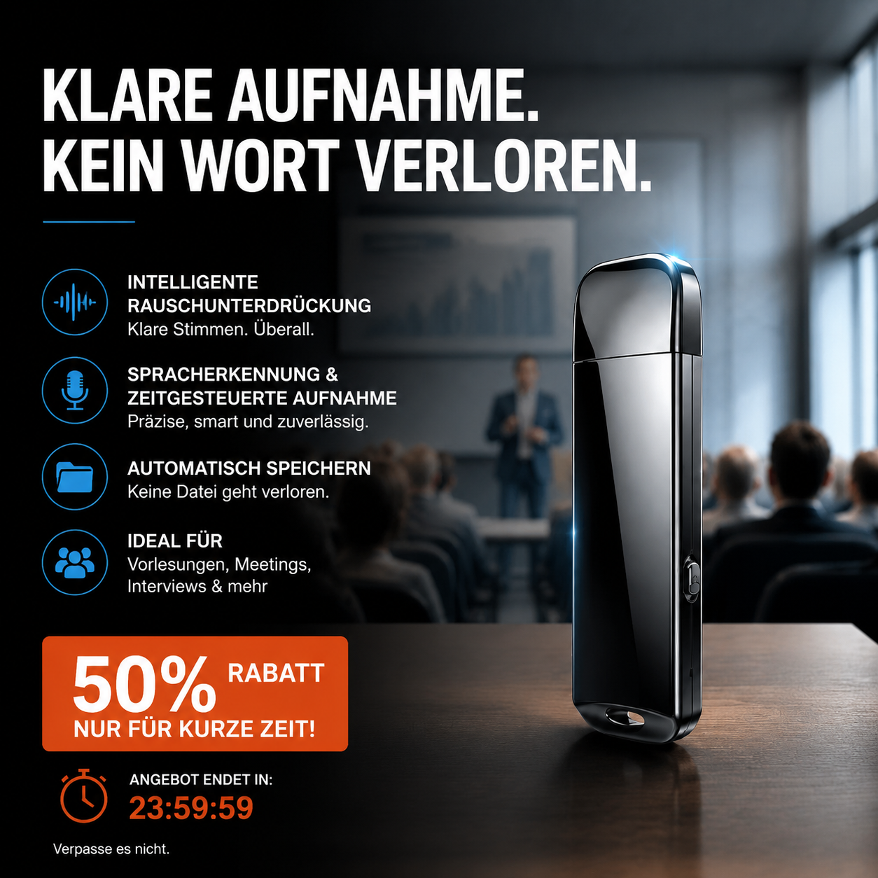🚗50 % de réduction🔒 Enregistreur vocal USB crypté | Cryptage des fichiers · Réduction du bruit pour des enregistrements clairs · Enregistrement en une seule touche · Enregistrement à commande vocale