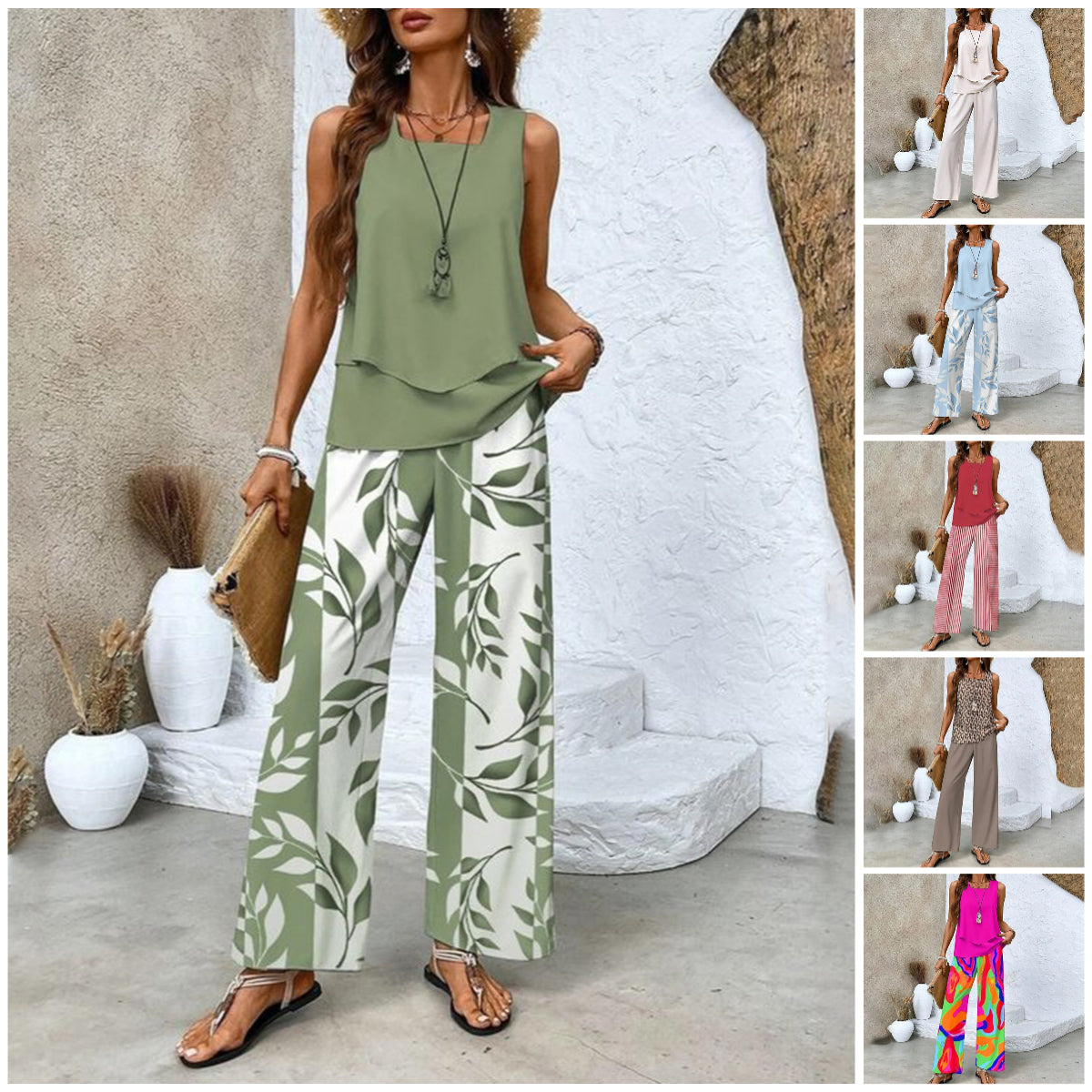 🌺Ensemble 2 pièces à imprimé tendance pour femmes - Top et pantalon sans manches