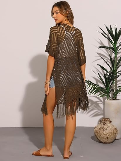 🔥 😍Gilet oversize en maille pour femme – Kimono léger à pompons en crochet pour le printemps et l'été 🌸