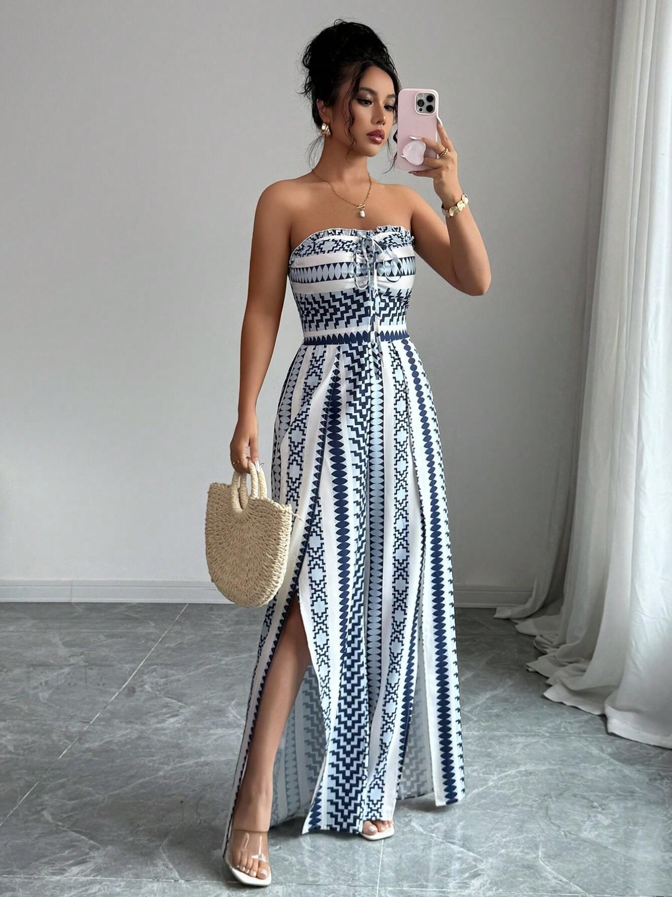 👗 60% DE RÉDUCTION 💥 Combinaison motifs géométriques – Encolure dos nu & fente latérale – Tissu fluide, polyvalente – parfaite pour les soirées ou les vacances ✨