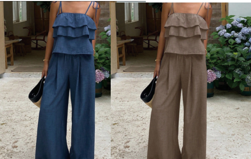 🔥 Jusqu'à -50% sur toute la collection !💙Ensemble coordonné composé d'un caraco à volants et d'un pantalon en tissu respirant