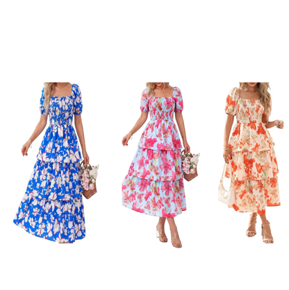 🔥Dernier jour de soldes : 50 % de réduction🔥Robe longue en mousseline à volants et imprimé floral pour femme - Manches courtes et encolure carrée
