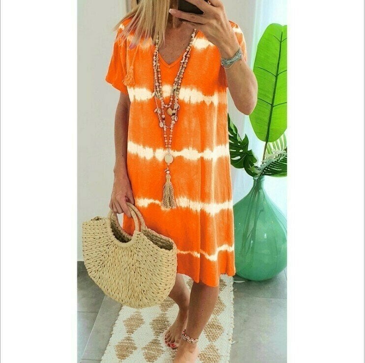 👗🌊 PROMO FLASH 50% ! Robe-T-Shirt Ample Rayée Tie-Dye – Coton Doux, Col V, Manches Courtes, Tailles S-5XL, Idéale Été & Plage ✨☀️
