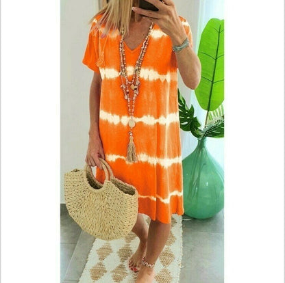 👗🌊 PROMO FLASH 50% ! Robe-T-Shirt Ample Rayée Tie-Dye – Coton Doux, Col V, Manches Courtes, Tailles S-5XL, Idéale Été & Plage ✨☀️