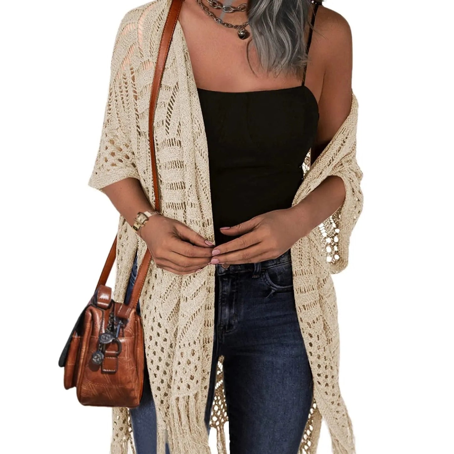 🔥 😍Gilet oversize en maille pour femme – Kimono léger à pompons en crochet pour le printemps et l'été 🌸
