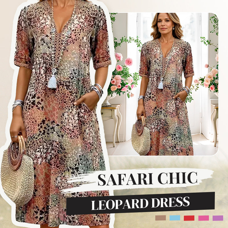 🔥 Dernier jour ! 50 % de réduction sur la robe midi léopard à col V pour femme 🐆 Un style safari chic et décontracté, avec des poches, idéale au quotidien et pour les loisirs.