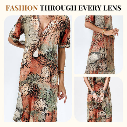 🔥 Dernier jour ! 50 % de réduction sur la robe midi léopard à col V pour femme 🐆 Un style safari chic et décontracté, avec des poches, idéale au quotidien et pour les loisirs.