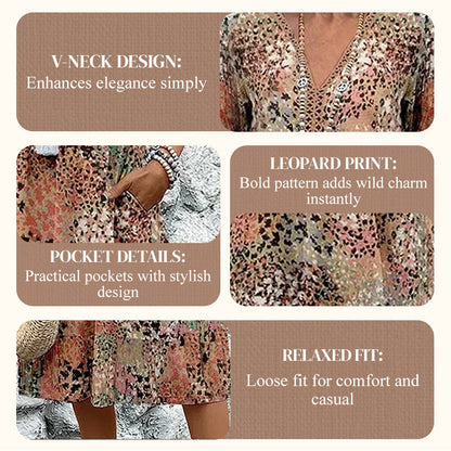 🔥 Dernier jour ! 50 % de réduction sur la robe midi léopard à col V pour femme 🐆 Un style safari chic et décontracté, avec des poches, idéale au quotidien et pour les loisirs.