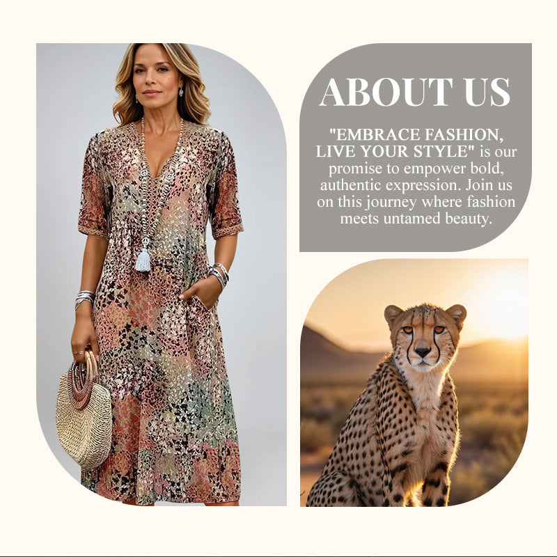 🔥 Dernier jour ! 50 % de réduction sur la robe midi léopard à col V pour femme 🐆 Un style safari chic et décontracté, avec des poches, idéale au quotidien et pour les loisirs.