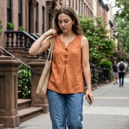 👗🌿☀️ OFFRE LIMITÉE : 50 % DE RÉDUCTION ! Débardeur sans manches en coton et lin à col V pour femme – Respirant, doux et léger – Idéal à superposer ou à porter seul par temps chaud 🌸🍃