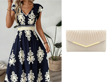 🎑👗 PROMO FLASH 50% ! Robe Longue Femme Imprimé Baroque – Col en V, Taille Haute, Tissu Fluide, 5 Couleurs, Style Bohème Chic 🌸