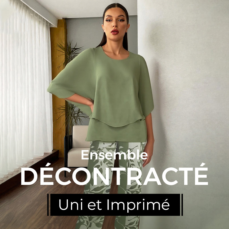 🔥Offre spéciale🔥 Ensemble deux pièces : pantalon imprimé et haut à col rond