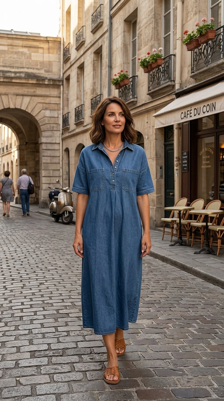👗🔥 -50% ! Robe-Chemise Midi Jean Femme Poches – Tissu Structuré Non Collant Coupe Oversize Flatteuse Toutes Morphologies S-3XL, Col V Ajustable Manches Courtes Élégance Quotidienne, Légère Respirante ✨