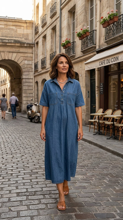 👗🔥 -50% ! Robe-Chemise Midi Jean Femme Poches – Tissu Structuré Non Collant Coupe Oversize Flatteuse Toutes Morphologies S-3XL, Col V Ajustable Manches Courtes Élégance Quotidienne, Légère Respirante ✨