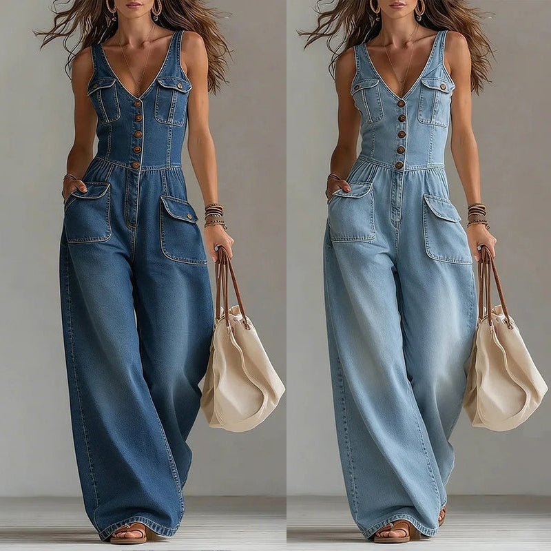 👖 OFFRE LIMITÉE : 55 % DE RÉDUCTION ! 💥 Combinaison en jean pour femme – Fermeture boutonnée, jambes larges ✨