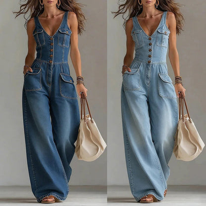 👖 OFFRE LIMITÉE : 55 % DE RÉDUCTION ! 💥 Combinaison en jean pour femme – Fermeture boutonnée, jambes larges ✨