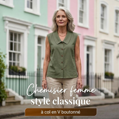 Chemise boutonnée à col V pour femme ; confortable et respirante ✨