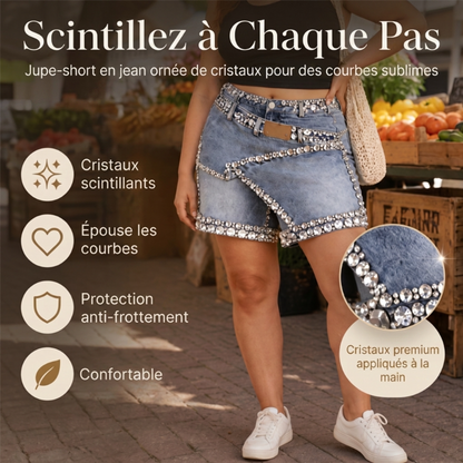 🔥-60%👖 Jupe-short en Jean Femme à Strass – Taille Haute Design Asymétrique