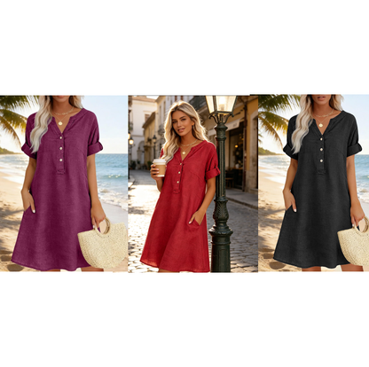 👗 Robe femme décontractée à col V et taille cintrée, poches, tissu doux et confortable ✨