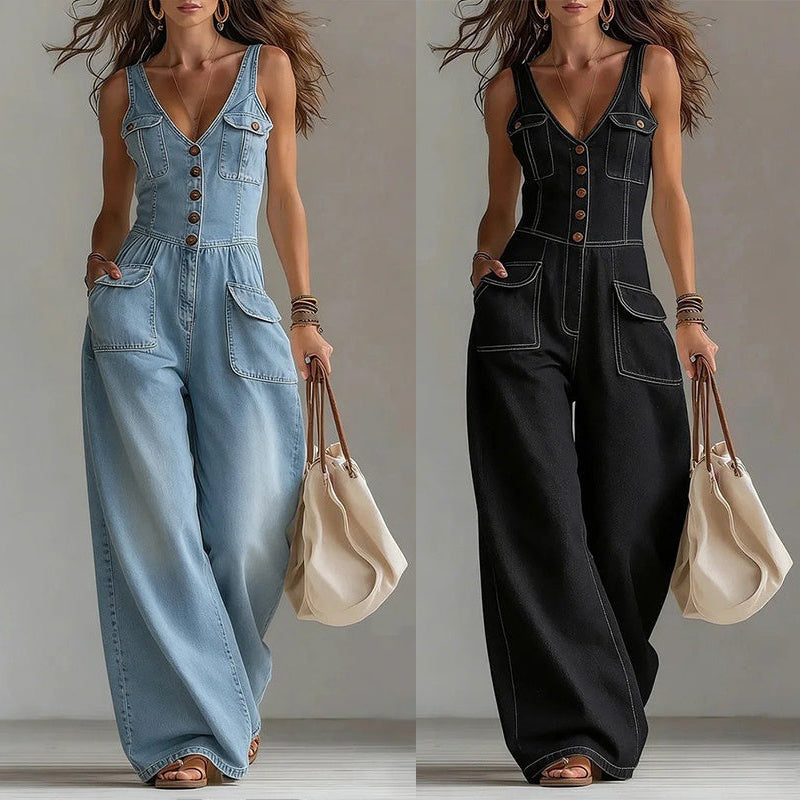 👖 OFFRE LIMITÉE : 55 % DE RÉDUCTION ! 💥 Combinaison en jean pour femme – Fermeture boutonnée, jambes larges ✨