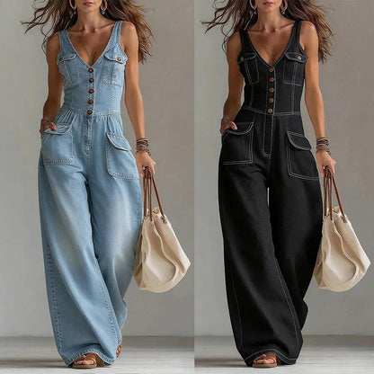 👖 OFFRE LIMITÉE : 55 % DE RÉDUCTION ! 💥 Combinaison en jean pour femme – Fermeture boutonnée, jambes larges ✨