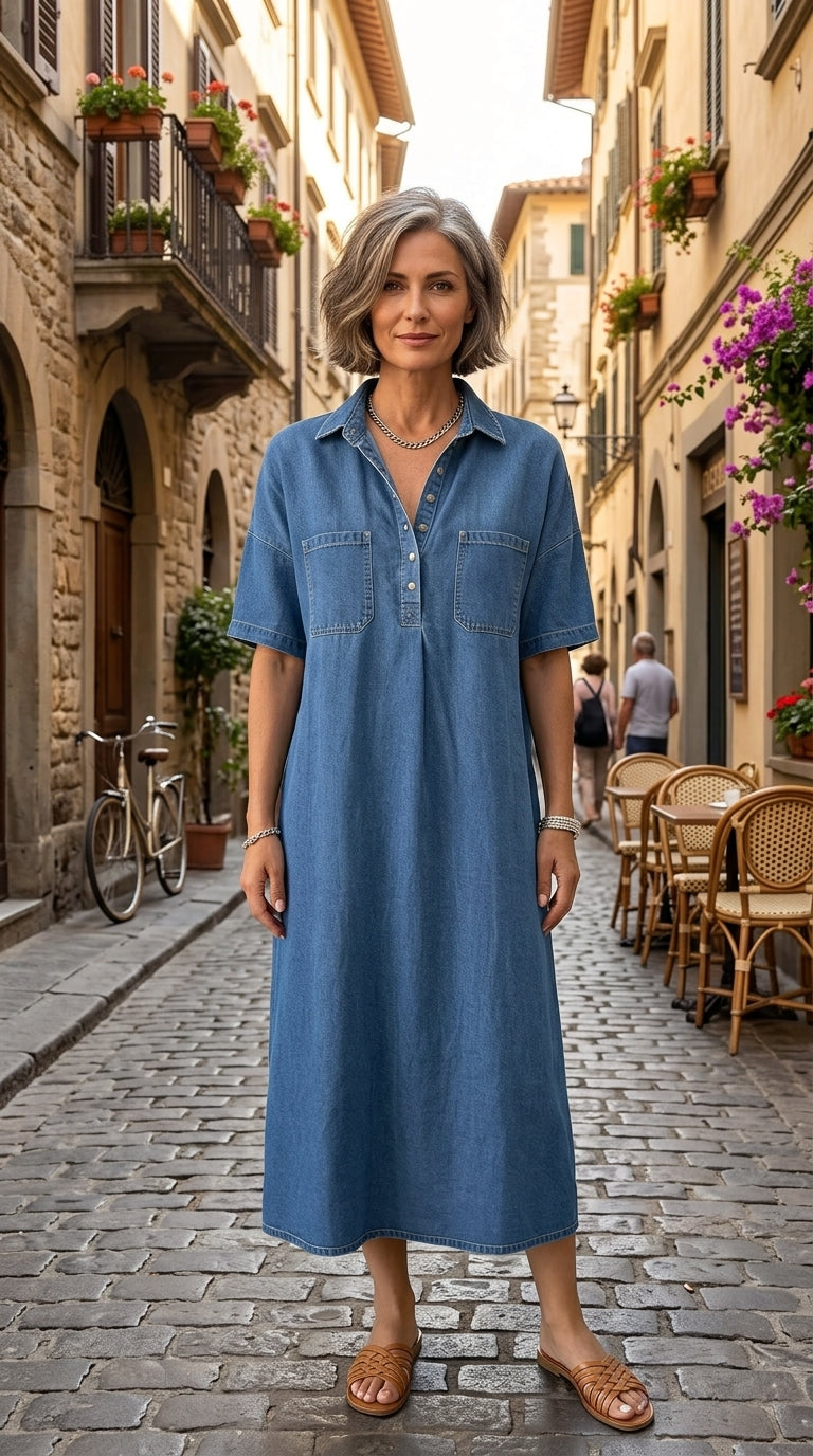 👗🔥 -50% ! Robe-Chemise Midi Jean Femme Poches – Tissu Structuré Non Collant Coupe Oversize Flatteuse Toutes Morphologies S-3XL, Col V Ajustable Manches Courtes Élégance Quotidienne, Légère Respirante ✨