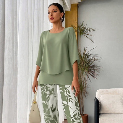 🔥Offre spéciale🔥 Ensemble deux pièces : pantalon imprimé et haut à col rond