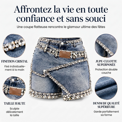 🔥-60%👖 Jupe-short en Jean Femme à Strass – Taille Haute Design Asymétrique