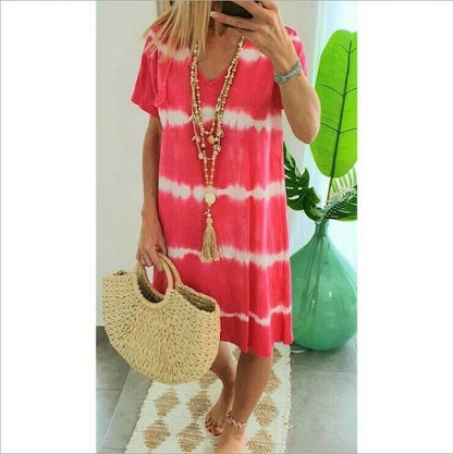 👗🌊 PROMO FLASH 50% ! Robe-T-Shirt Ample Rayée Tie-Dye – Coton Doux, Col V, Manches Courtes, Tailles S-5XL, Idéale Été & Plage ✨☀️