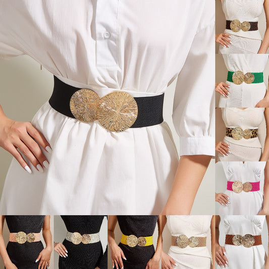 ✨Women's Vintage Gold Buckle High Elastic Belt💫Adjustable Waistband for Dresses, Skirts & Pants with Timeless Design🌟