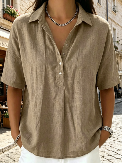 🔥-50%👕 Chemise Femme en Lin Manches Courtes – Col Rabattu Demi-Boutonnée🌿 style chic décontracté pour le quotidien