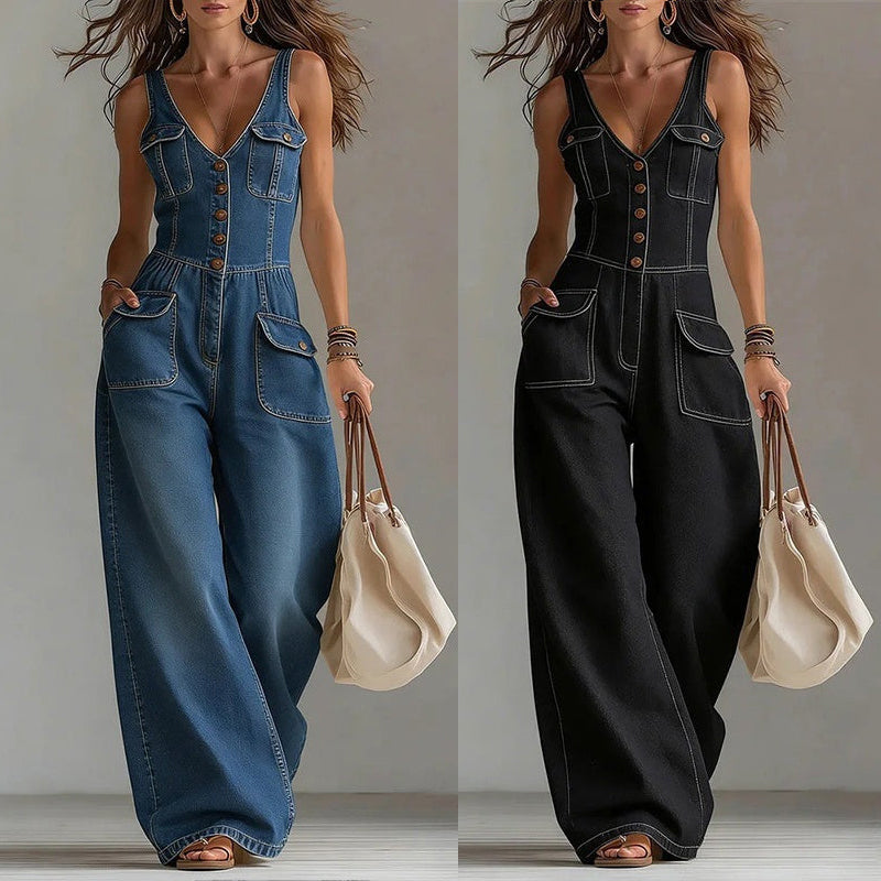 👖 OFFRE LIMITÉE : 55 % DE RÉDUCTION ! 💥 Combinaison en jean pour femme – Fermeture boutonnée, jambes larges ✨